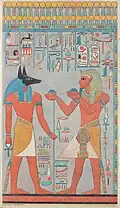 The king with Anubis, from the tomb of Horemheb; 1323-1295 BC; tempera on paper; Metropolitan Museum of Art