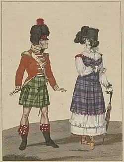 Illustration of Scottish regimental soldier in green tartan kilt, red coat, and feather bonnet, with a lady in a blue tartan dress over a white slip