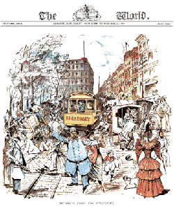 "The Possibilities of the Broadway Cable Car" (1893), one of the first color cartoons in American newspapers