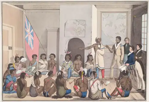 The Red Lake Chief making a speech to the Governor of Red River at Fort Douglas (1825)