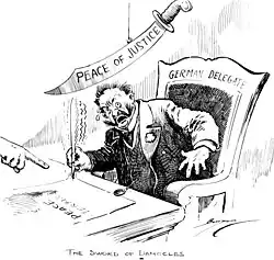 A political cartoon from Clifford Berryman following World War I, depicting a German delegate shakily signing a peace treaty as directed by the large hand of the Allied Powers, while a large sword bearing the inscription "Peace of Justice" hangs by a thread above him