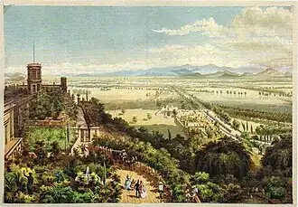 The Valley of Mexico from Chapultepec, painting of 1850 by Casimiro Castro. Museo Soumaya.[15] during the Mexican-American War, ca. 1847 by Nathaniel Currier. Library of Congress.