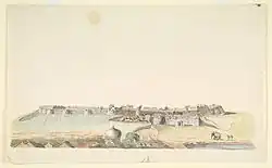 The fort of Bangalore, from a village outside the main gate, by an anonymous artist, c. 1790–1792.