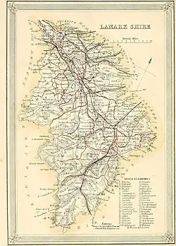 1868 map of Lanarkshire with its three 'wards' labelled, Clydesdale corresponding to the Upper Ward