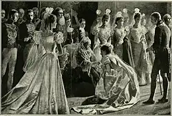An English print illustrating a lady curtsying to Queen Victoria