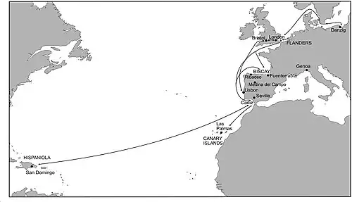 map of the Atlantic showing Howell's trading connections