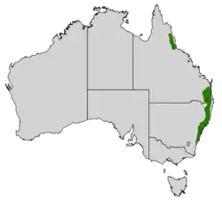 Map of Australia with green range marked down most of the eastern coast of New South Wales, and some disjoint areas on the coast of Queensland.
