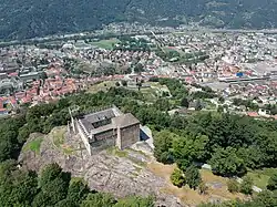 Aerial view of the Castles of Bellinzona from Sasso Corbaro