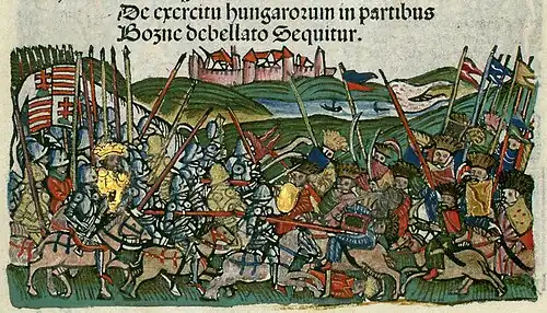 Chronica Hungarorum, Thuróczy chronicle, King Sigismund of Hungary, Bosnia, Hungary, campaign, battle, fight, horses, armored soldiers, cavalry, Hungarian flag, Hungarian coat of arms, medieval, Hungarian chronicle, book, illustration, history