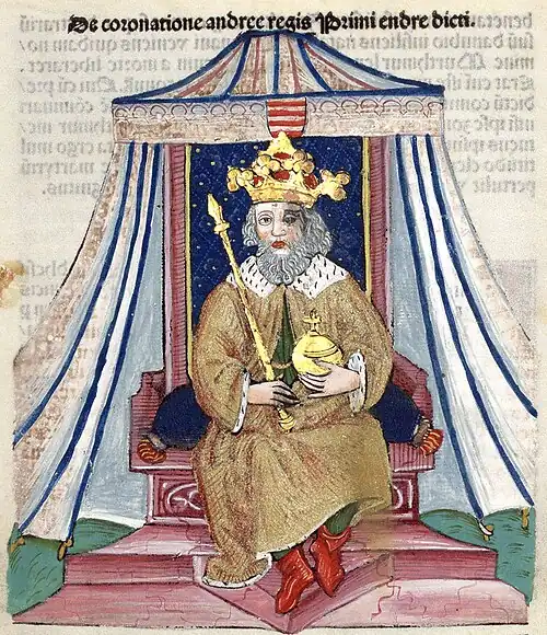 Chronica Hungarorum, Thuróczy chronicle, King Andrew I of Hungary, throne, crown, orb, scepter, medieval, Hungarian chronicle, book, illustration, history