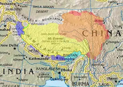 Cultural/historical Tibet (highlighted) depicted with various competing territorial claims