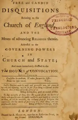 Scanned image of the title page of Free and Candid Disquisitions with a Princeton Theological Seminary stamp