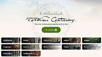 Detail of Tolkien Gateway's front page, showing its organisation and coverage of topics such as books, characters, games, images, and music