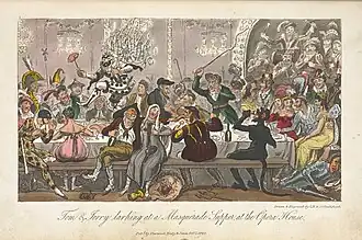 Rowdy indoor banqueting scene