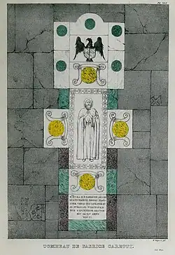 An elaborate tomb slab: a coat of arms at the top, the supine figure of a man in the centre, the whole shaped like a Christian cross with a funerary inscription in Latin at the bottom. Marble slabs decorate the edges.