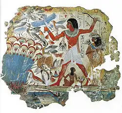Hunting in the papyrus thicket, mural from a tomb in Thebes, Egypt, before 1350 BC