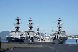 JS Tone, JS&nbsp;Abukuma, JS&nbsp;Sendai, JS&nbsp;Samidare and JS&nbsp;Kurobe at Kure on 20 September 2015.