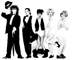 Toto Coelo c. 1983. Left to right: Sheen Doran, Ros Holness, Anita Mahadevan, Lacey Bond, Lindsey Danvers