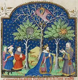 The Dry Tree with the Phoenix, flanked by the Trees of the Sun and the Moon. Rouen 1444-1445