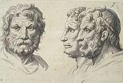 Three lion-like heads; by Charles Le Brun; c. 1671; black chalk, pen and ink, brush and gray wash, white gouache on paper; 21.7 × 32.7&nbsp;cm