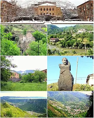 From top left: Tumanyan Central square Kobayr monastery&nbsp;• Debed River House of culture&nbsp;• Statue of Hovhannes Tumanyan Debed River gorge&nbsp;• Tumanyan landscape
