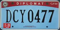U.S. diplomatic license plate of the style issued since 2007, using same die set used on Virginian license plates