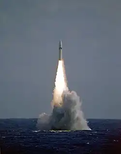 A Polaris A3 missile is launched from USS&nbsp;Robert E. Lee. The advent of Polaris allowed for a virtually undetectable launching platform, as the submarine no longer needed to surface to launch its weapons