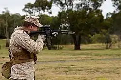 M9 bayonet-fitted M4 carbine firing during secondary target drills.