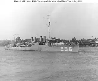 USS Chauncey (Destroyer # 296) Off the Mare Island Navy Yard, 8 July 1919.