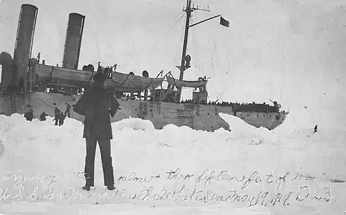USS&nbsp;Des Moines in 15 feet of snow and ice, White Sea, Russia, May 19, 1919