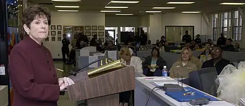 US Navy 050330-N-0050T-010 Speaking at a luncheon to commemorate Woman's History Month, District Attorney for San Diego County, Bonnie Dumanis, gives a speech to the staff of the Personnel Support Detachment.jpg