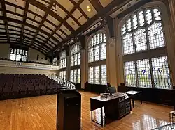 South side view with stained glass windows.