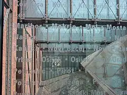 Glass bridges at the USHMM. Blue glass etched with names and places lost during the Holocaust.