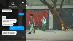 A screenshot from Until Then. On the left is a phone-like interface showing a conversation between Louise Ordunia and the player (as Mark Borja). In the background is the game's main environment, where the player can move around, along with Mark.