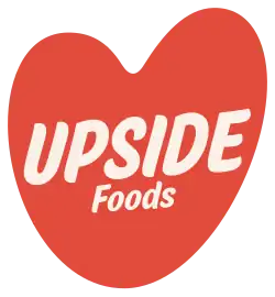 Pink orange heart with Upside Foods written inside with a thick marker font