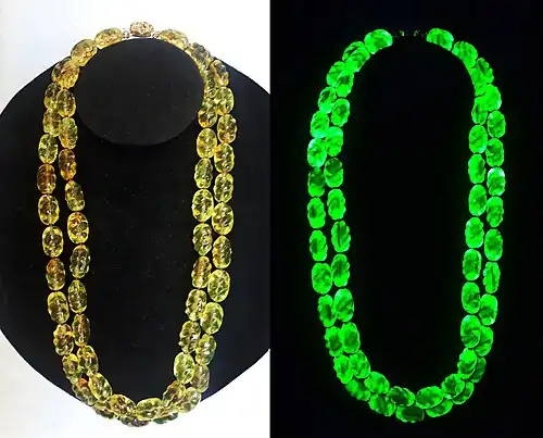 Uranium glass necklace, circa 1940/1950. Uranium glass glows bright green under ultraviolet light.