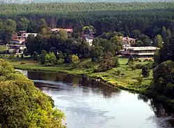 A scenic riverside neighborhood, seen from above