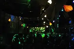 Ride station, themed as an abbey, with an organ in the far back