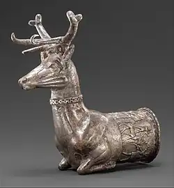 Stag rhyton (Hittite); c.1400-1200 BC; silver with gold inlay; height: 13&nbsp;cm; Metropolitan Museum of Art (New York City)[15]