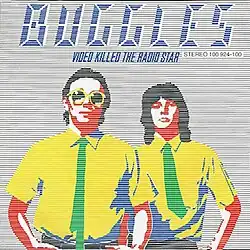 A cartoon version of Trevor Horn (left) and Geoff Downes (right), with the blue text "Buggles Video Killed the Radio Star" on the top