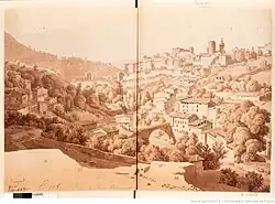 The town of Thiers in the 18th century. The castle keep and clock tower can be seen in the top right-hand corner of the image.