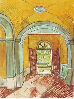 Entrance Hall of Saint-Paul Hospital, Black chalk, brush and thinned oil on pink paper, 1889 Van Gogh Museum, Amsterdam (F1530)