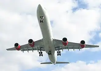 The A340-600 has an additional main undercarriage on the fuselage belly.