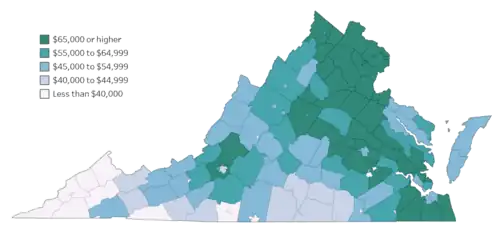 Map of Virginia counties colored by median household income, ranging from gray, to blue, to darker green.