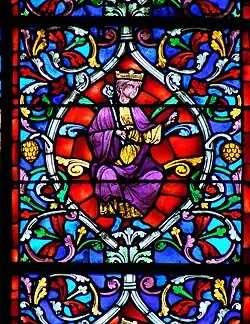 Detail of a "Tree of Jesse" window in Reims Cathedral designed in the 13th-century style by L. Steiheil and painted by Coffetier for Viollet-le-Duc (1861)