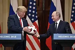 Putin gifts Trump a Telstar Mechta, the official match ball for the knockout stage of the 2018 FIFA World Cup