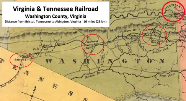 Map with points of interest in Washington County circled including railroad depots, Bristol, and Saltville