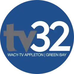 On a blue disc, the text "TV" in gray lower-case letters, and "32" in white, appears in its center. Directly below it in smaller and thin capital text, "WACY-TV APPLETON