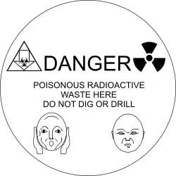 Proposed design for small disks that will be randomly scattered and buried within the controlled zone, to warn people digging that it is dangerous and they should stop.[11]