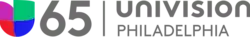 At left, the Univision logo, consisting of red, purple, green and blue blocks in the shape of a U. At right, a gray 65 in a sans serif. Separated by a line to the right, in two lines, a gray Univision wordmark in stylized unicase above the word Philadelphia in all caps in gray.